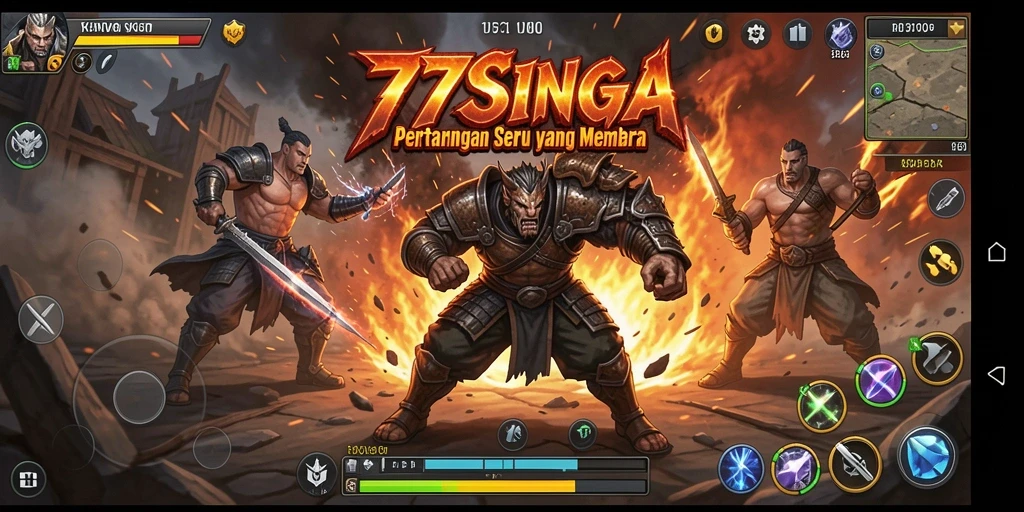 Tampilan aksion seru dalam 77SINGA saat bertarung.