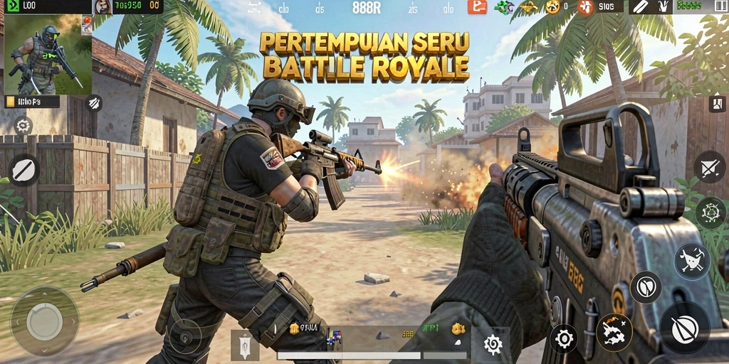 Screenshot menampilkan aksi pertempuran seru di dalam game Battle Royale.