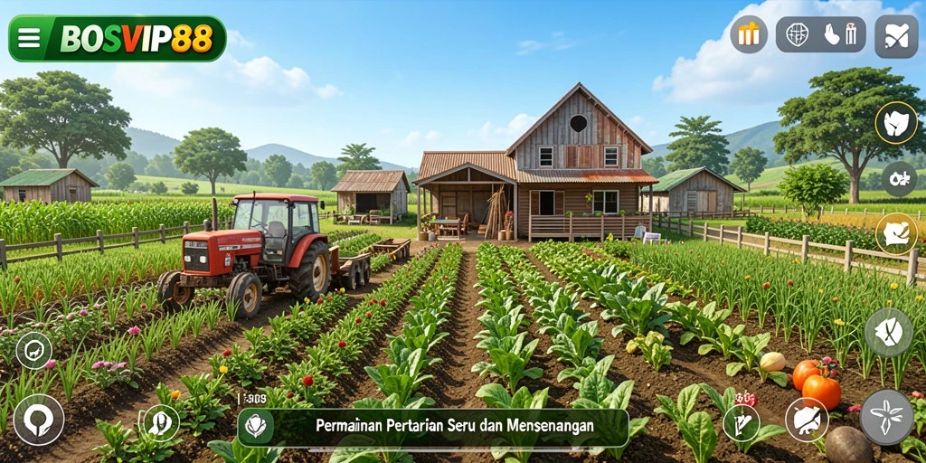 Tampilan gameplay BOSVIP88 yang menampilkan aktivitas pertanian yang menarik.