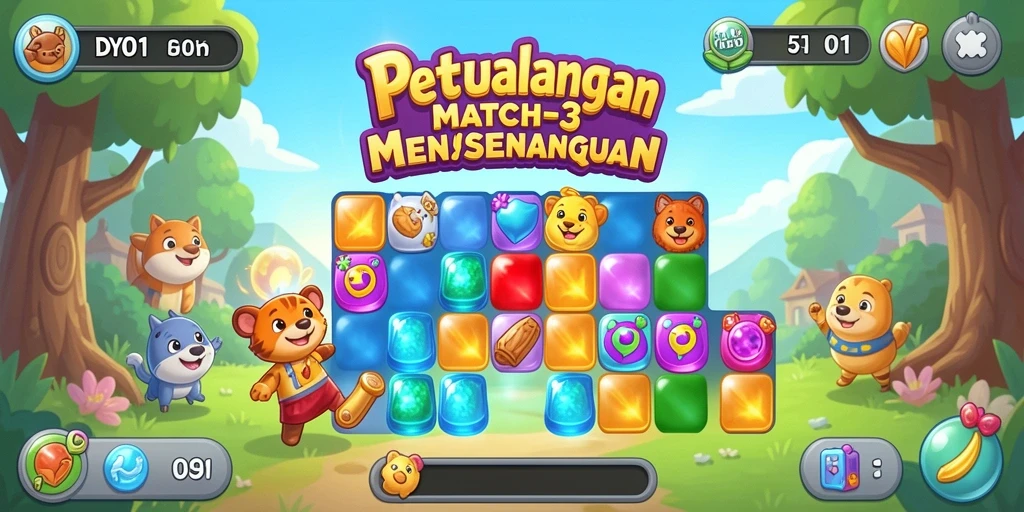Screenshot menunjukkan gameplay seru DY01 dengan permata berwarna-warni.