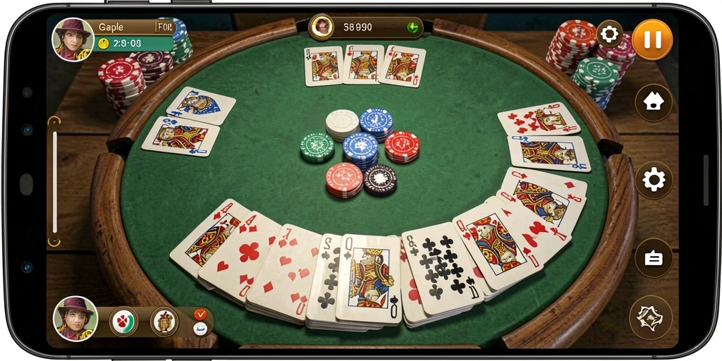Screenshot gameplay F08 menampilkan suasana bermain Gaple yang seru.