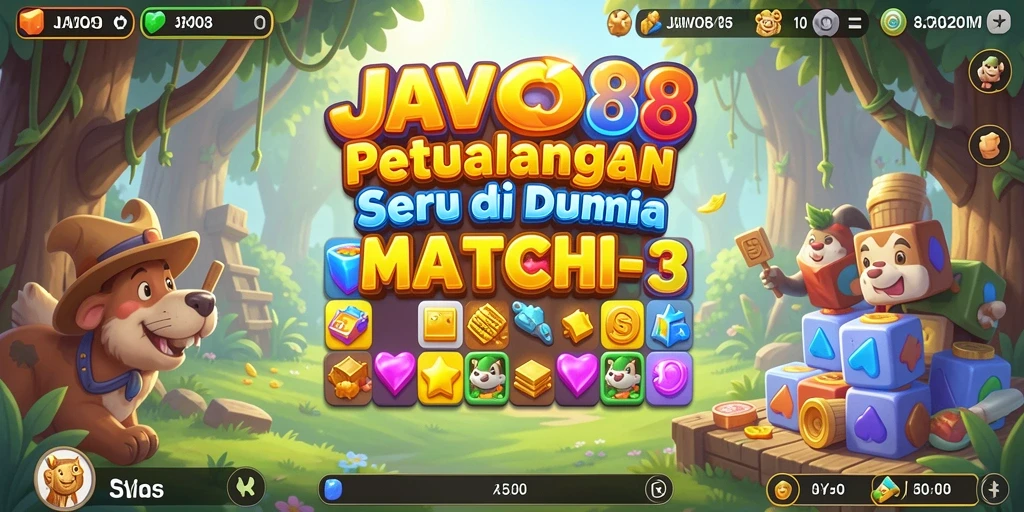 Tampilan gameplay <strong>JAVO88</strong> menampilkan kombinasi warna cerah dalam permainan Match-3.