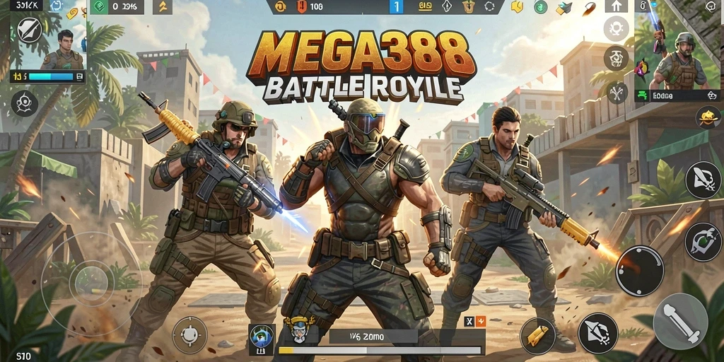 Tampilan gameplay seru di MEGA388 dengan aksi Battle Royale.