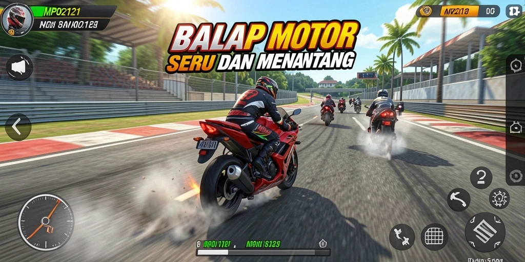 Tampilan gameplay balap motor yang mendebarkan dan kompetitif.