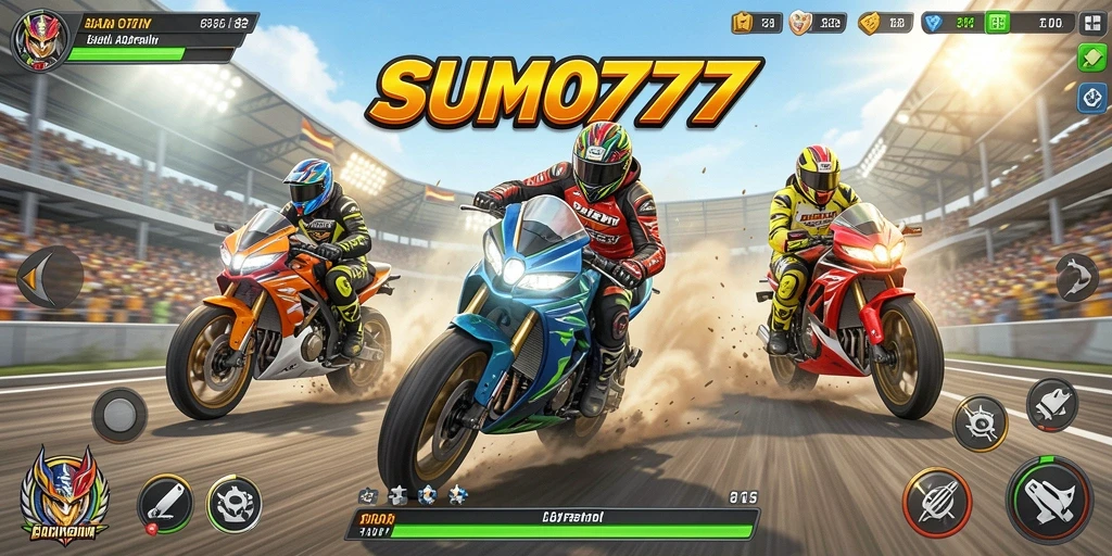 Tampilan gameplay SUMO777 yang mendebarkan saat balapan motor.
