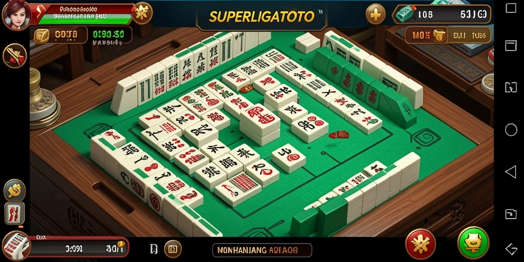 Tampilan gameplay menawan dalam SUPERLIGATOTO dengan elemen Mahjong yang kaya.