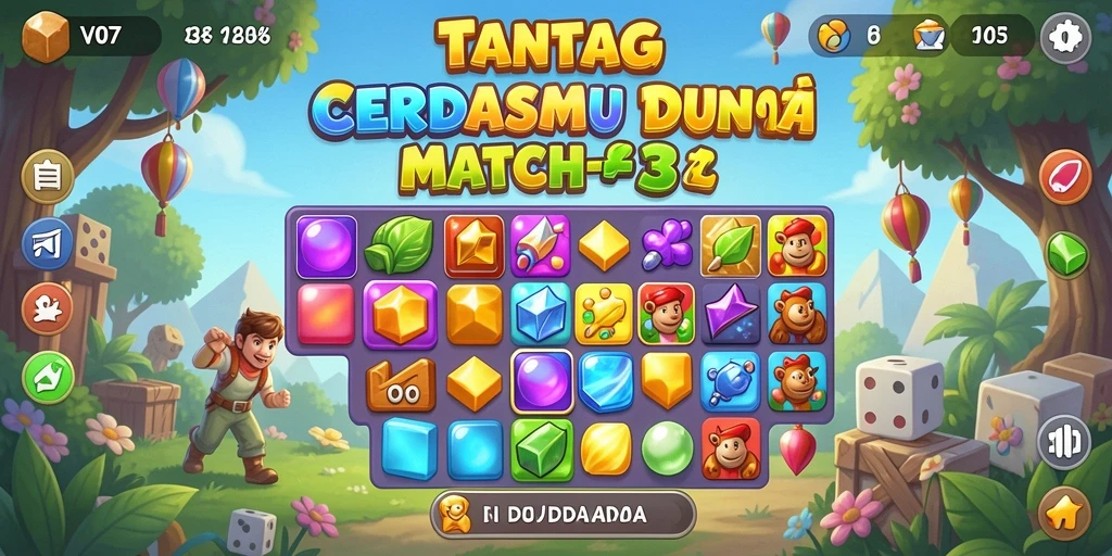 Tampilan gameplay seru V07 dengan permata berwarna-warni.